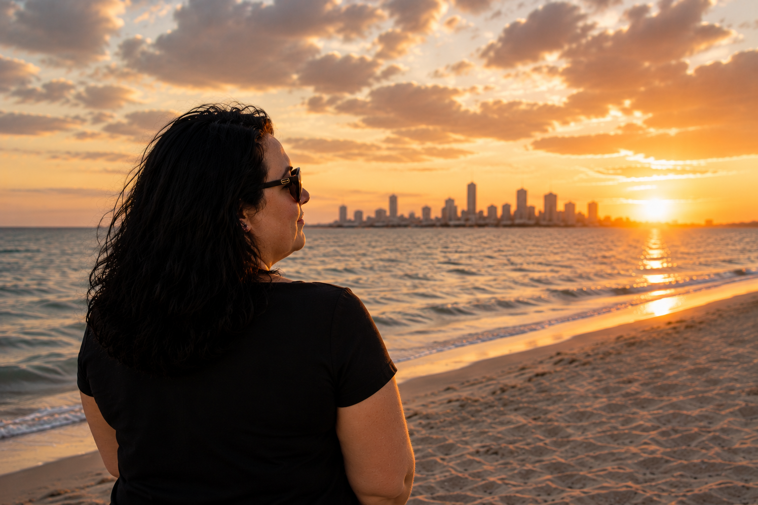 Amy on the beach at sunset